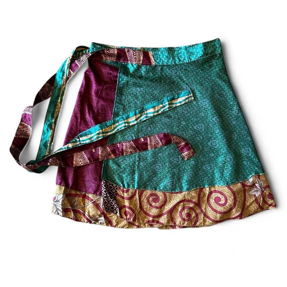 Patchwork Purple Green Gold Abstract Paisley Mini Wrap Skirt
